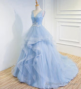 Blue Prom Dresses V-neck Ball Gown Sweep Train Party Dress, Sweet 16 Gown